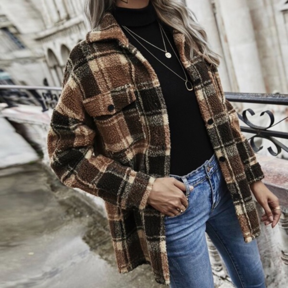 Cozy Brown Black teddy Jacket Coat Pockets - Picture 1 of 5